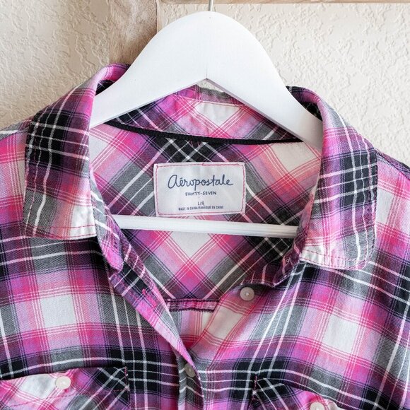 Aeropostale Sz L Pink Plaid 100% Cotton Collared Long Sleeve Button Down Grunge - Picture 2 of 5